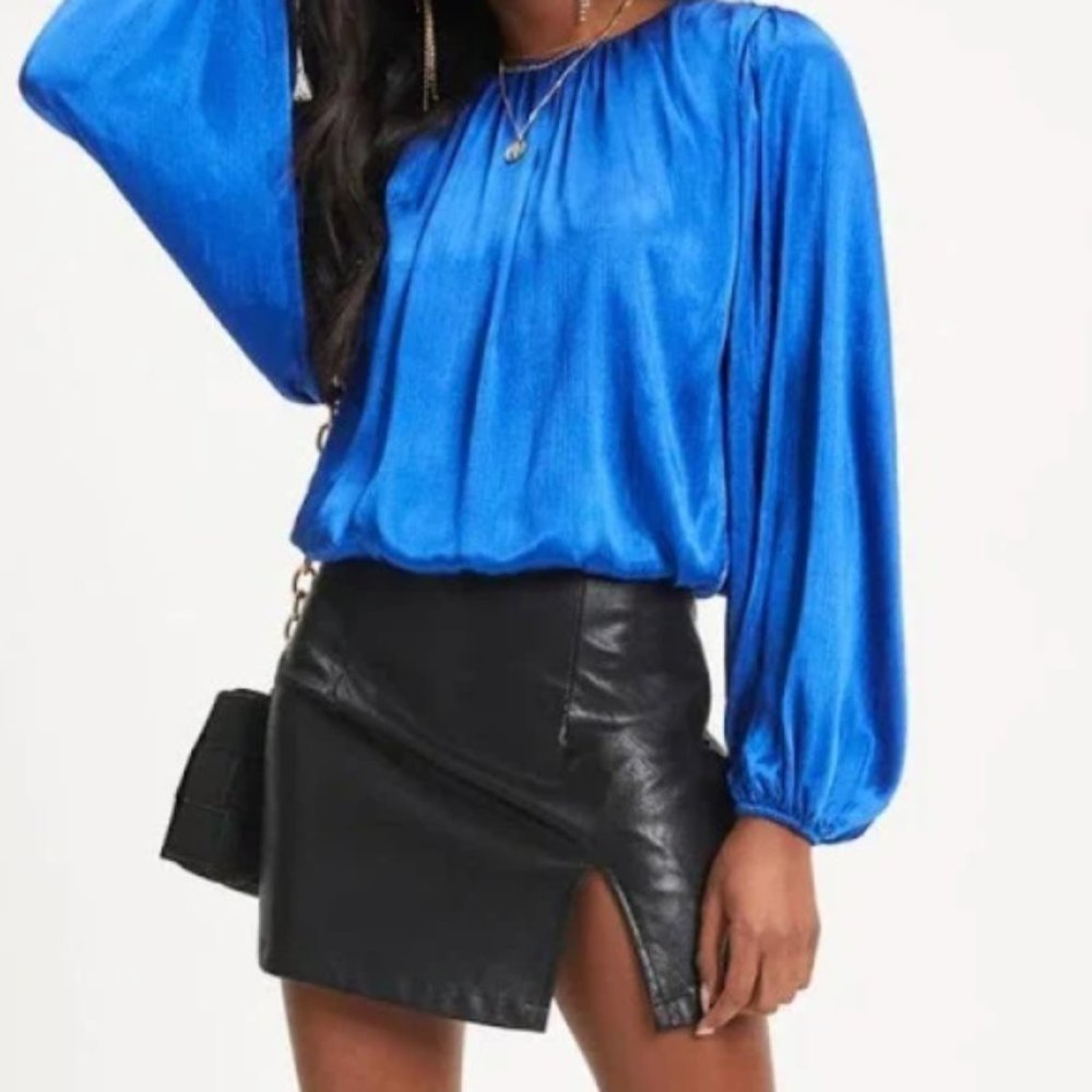 VICI Blue Satin Balloon Sleeve Top